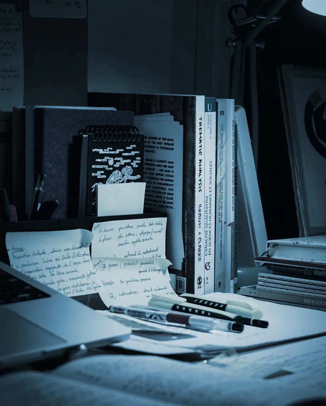 A desk at night with notes, books and a laptop